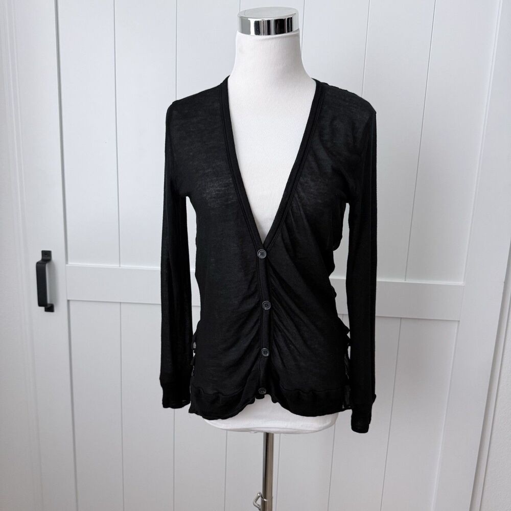 Clu Black Silk Chiffon Back Peplum Cardigan Top XS Sheer Ruffle Layered Metallic - Picture 3 of 16
